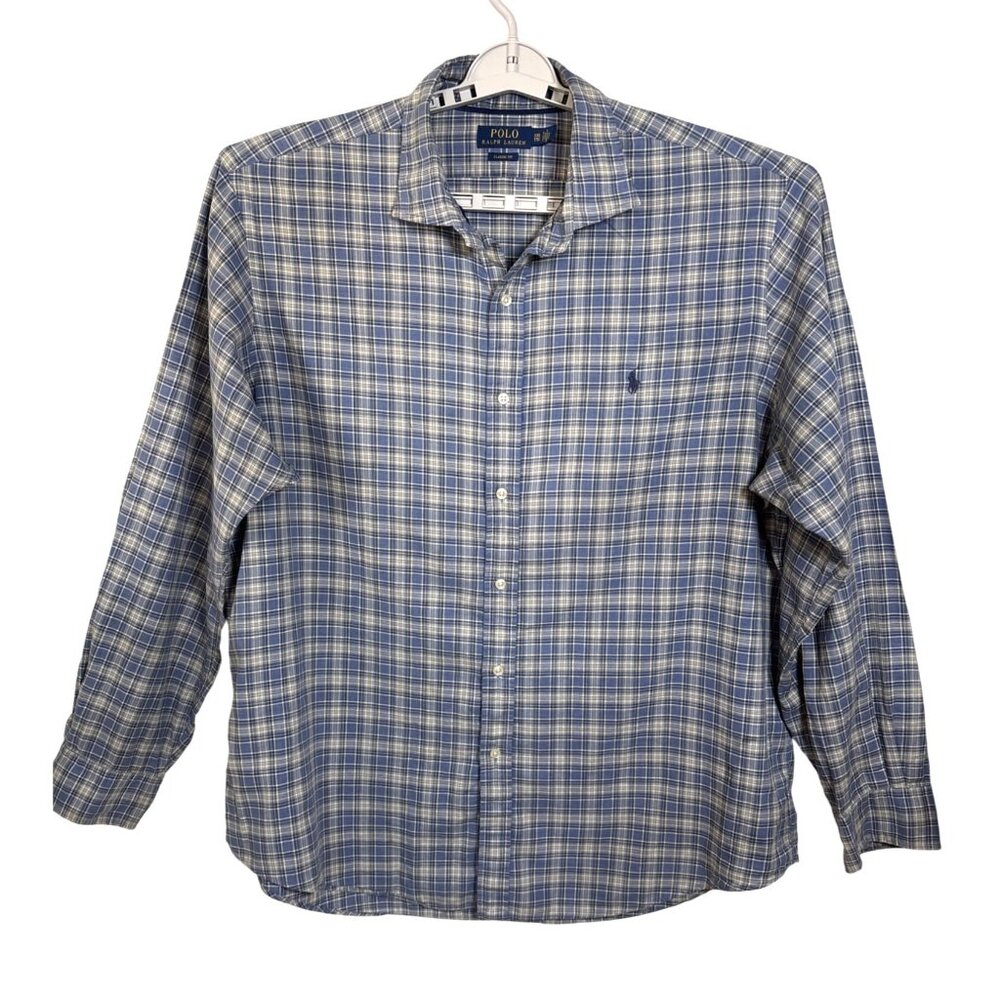 Ralph Lauren Polo Shirt Size XXL 2XL Blue Classic‎ Plaid Long Sleeve 100% Cotton